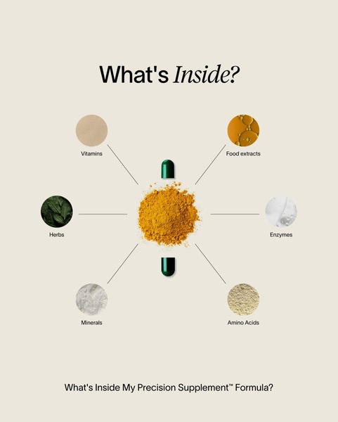 A minimalist, educational infographic displaying the core components of a supplement formula including vitamins, herbs, and enzymes.